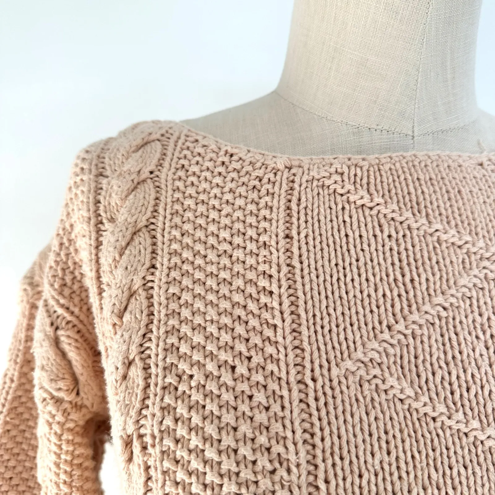 Vintage Peach Cable Knit Boat Neck Sweater Cropped Cozy Chunky Knit 80s 90s Pink Size XS - Image 5