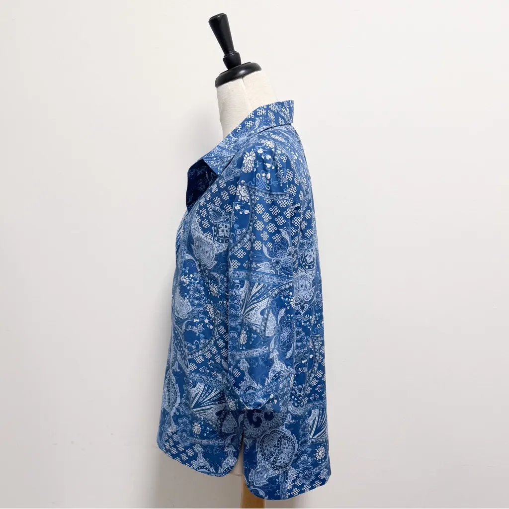 Hinson Wu Blue White Bandana Paisley 3/4 Sleeve V Neck Collar Charlotte Tunic Size L - Image 3