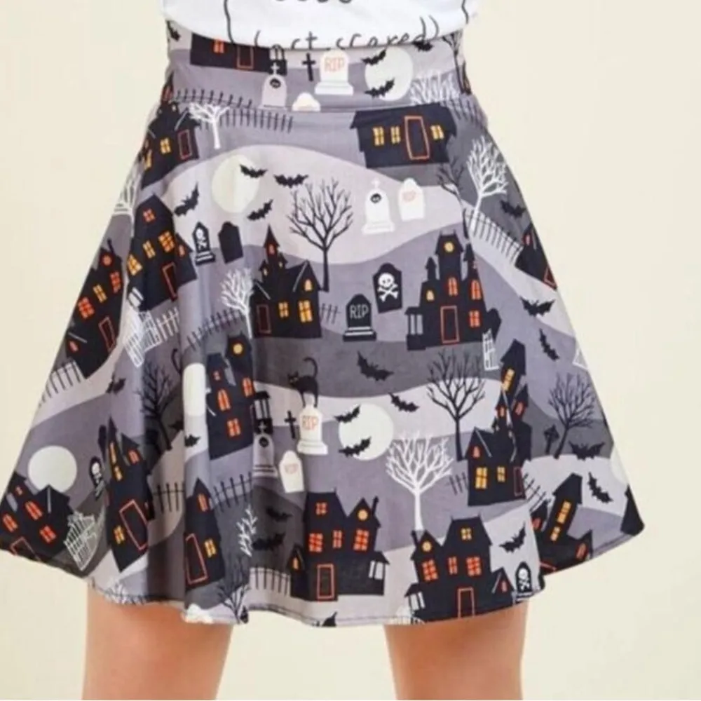 Halloween Haunted Houses Graves Cats Bats Skull Print 100% Cotton Mini Skirt XL Gray - Image 7