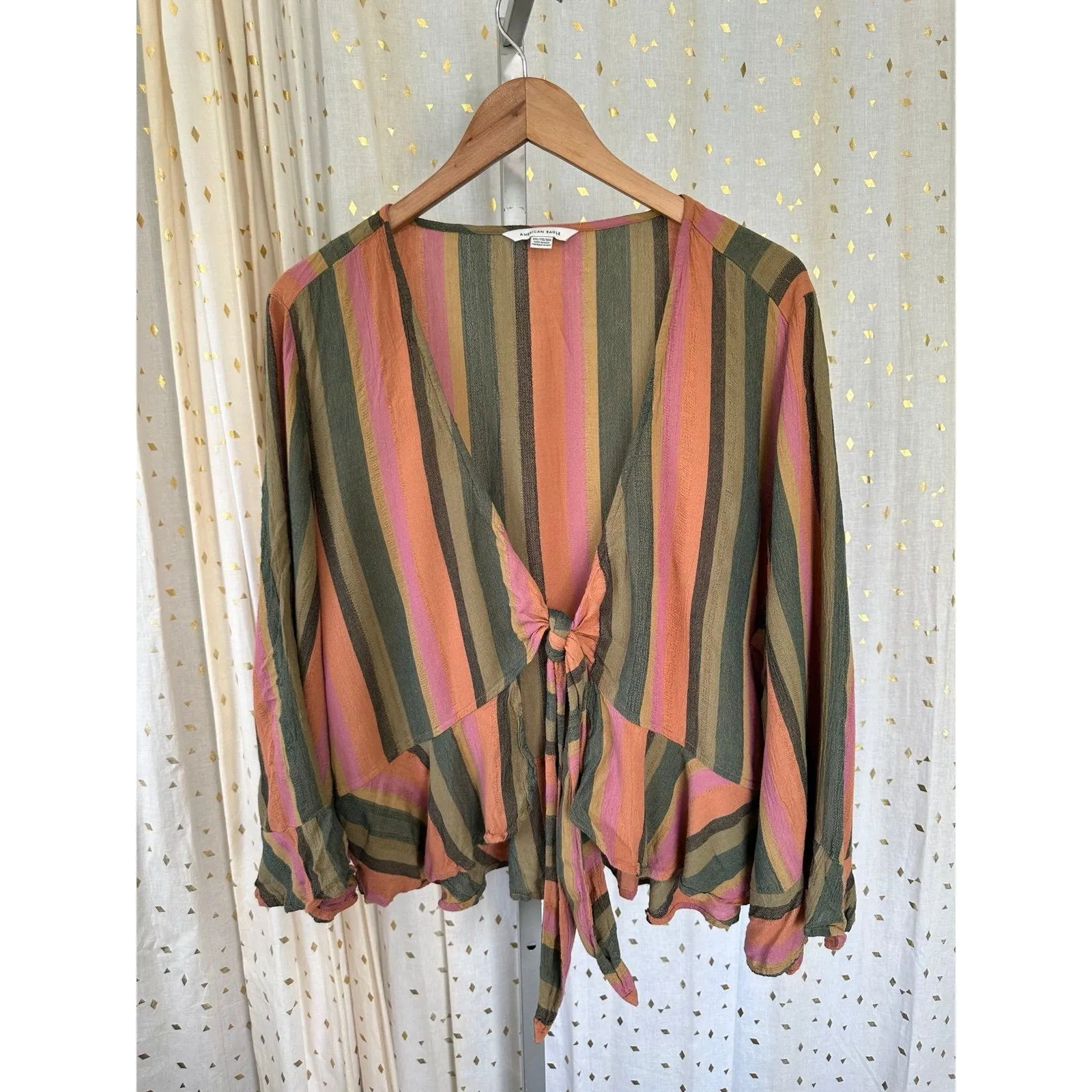 American Eagle Tie Front Fall Stripe Long Flutter Sleeves Blouse Top XXL - Image 2