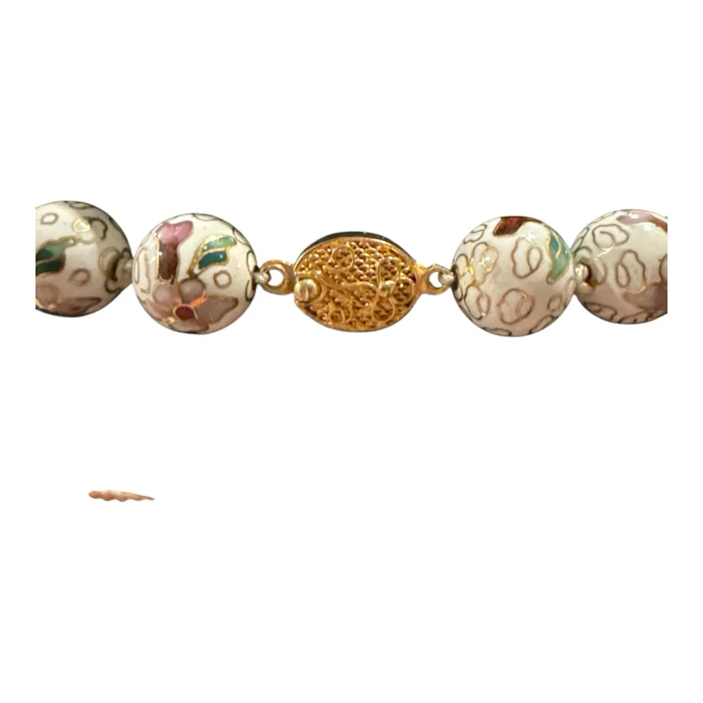 Vintage White Cloisonné Floral Bead Necklace Gold Tone Clasp 80s 90s - Image 2