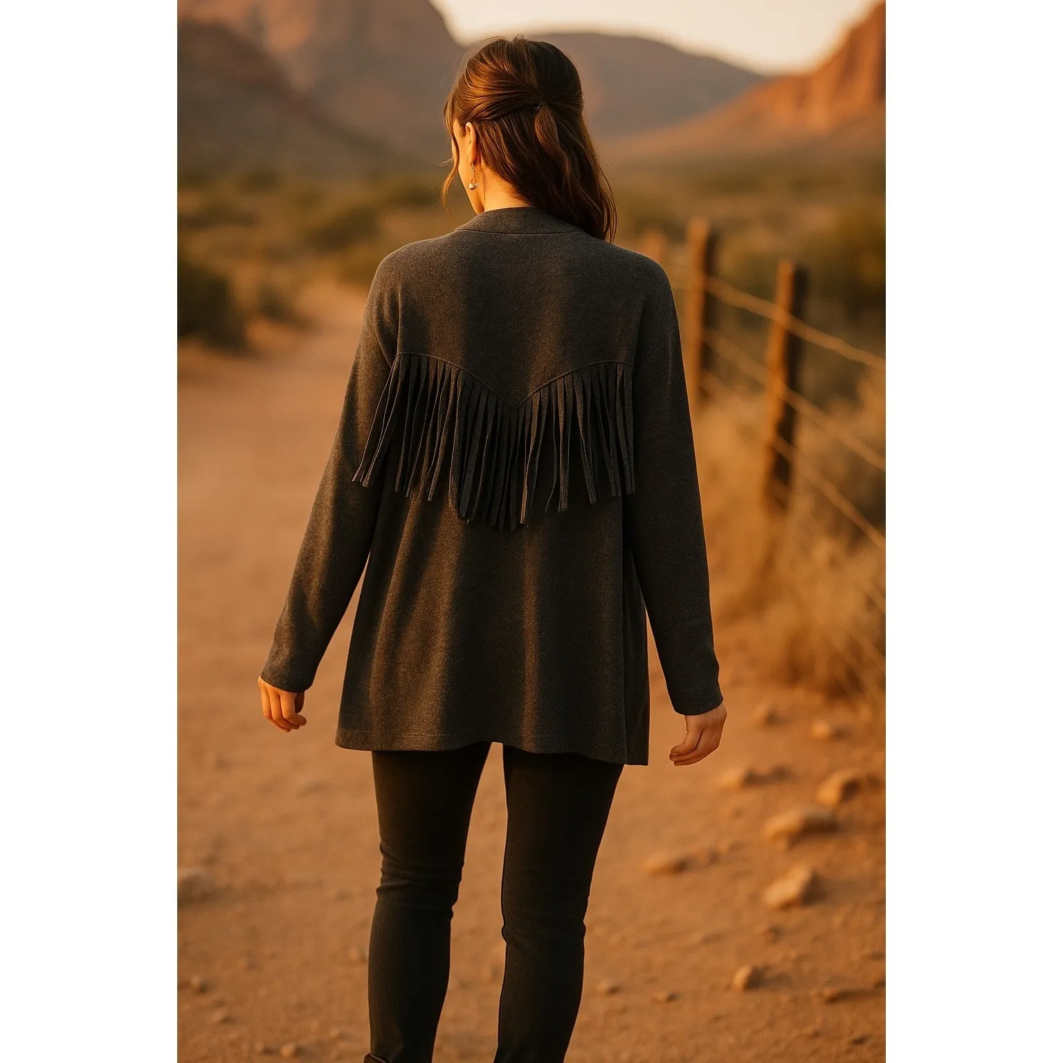 GeeGee Black Fringe Boho Western Cardigan Open Front Longline Duster Jacket L Gray Size L - Image 2