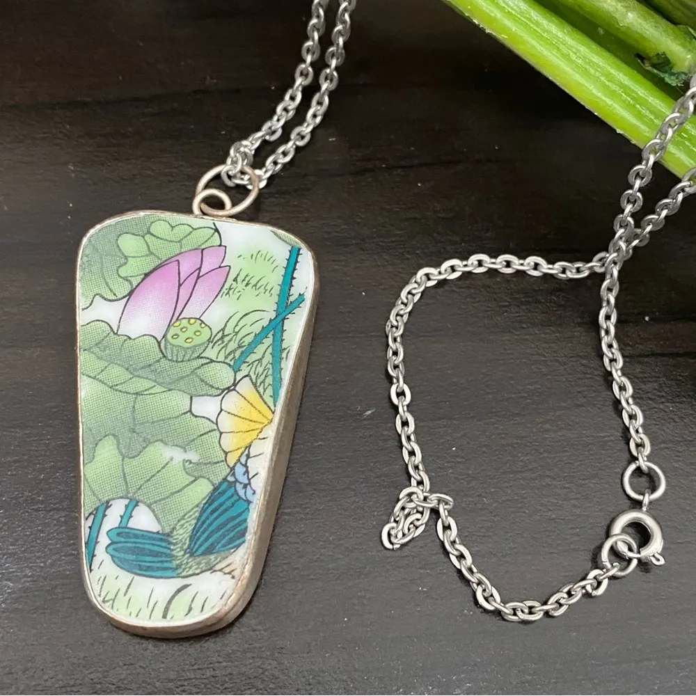 Vintage China Porcelain Pottery Shard Pendant Necklace - Image 2
