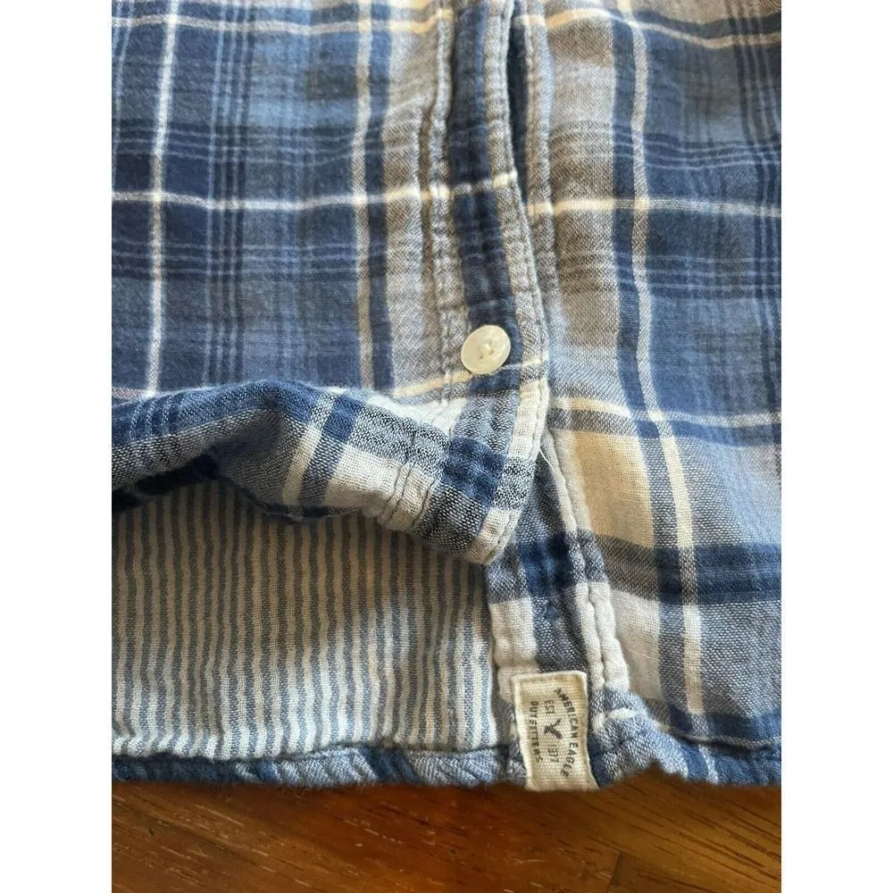 American Eagle Outfitters Shirt Womens Small Button Up Plaid Blue Boyfriend Fit - Image 6
