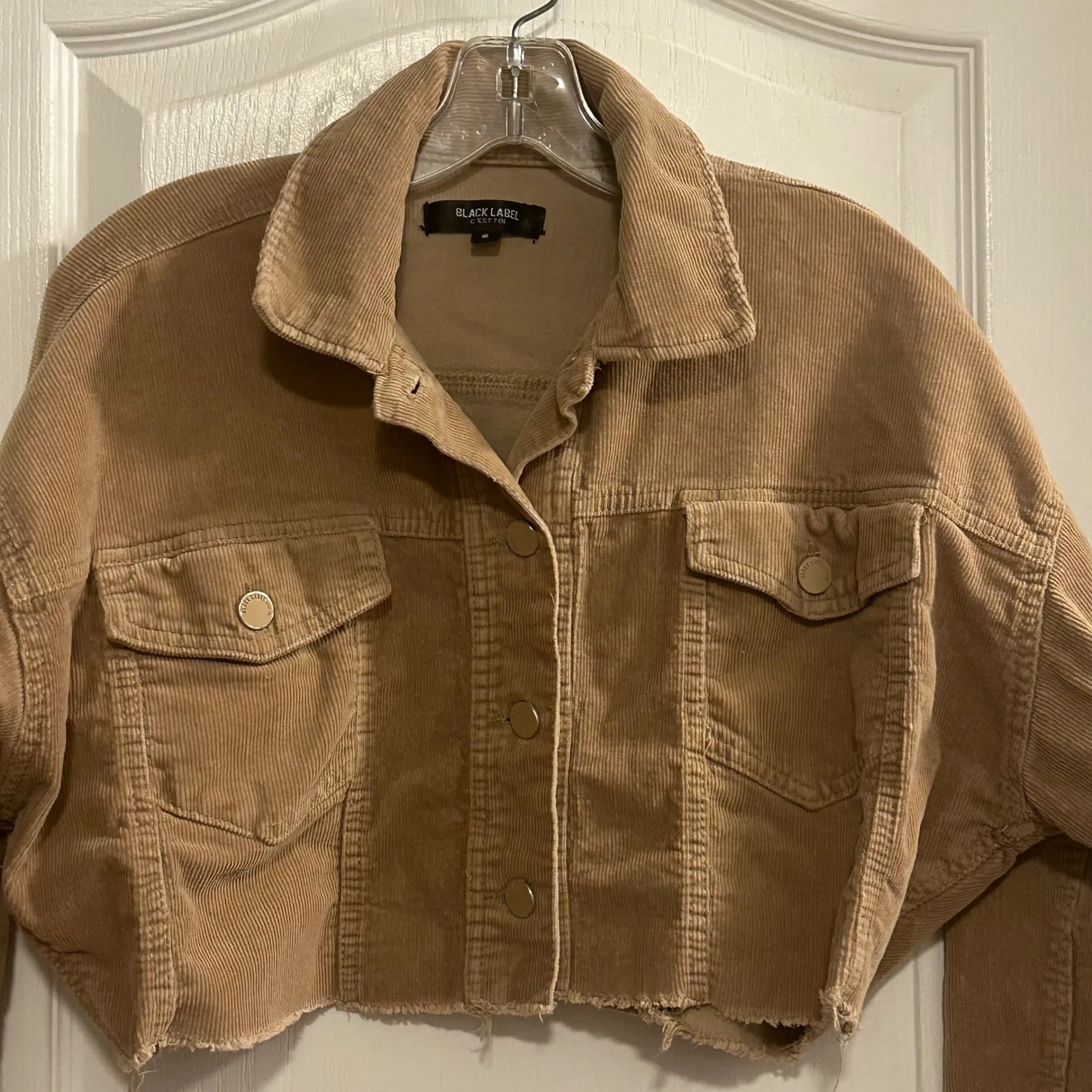 Black Label Cesto Tan Corduroy Cropped Jacket Size S Button Front Raw Hem Brown - Image 2