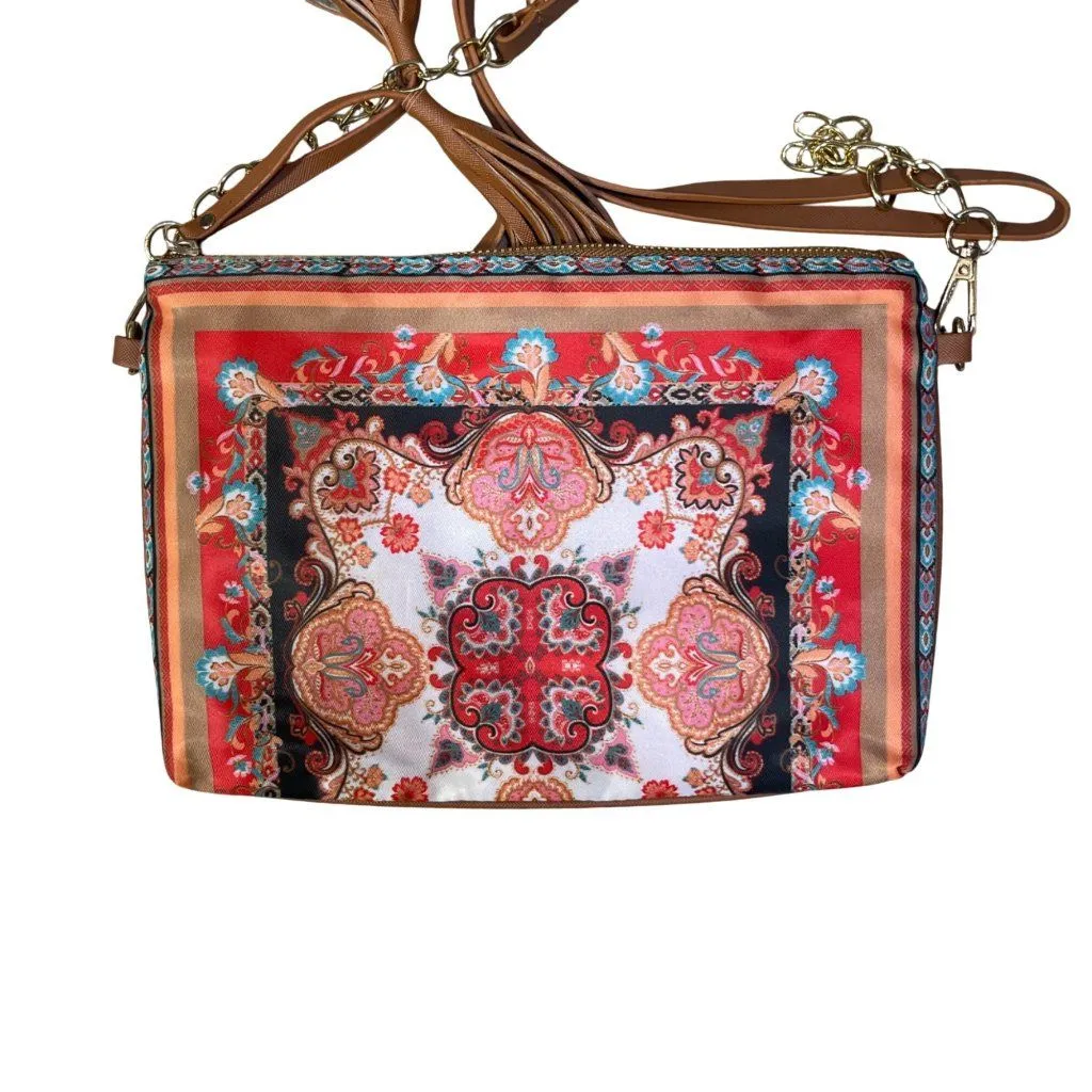 Chico's Crossbody Bag Purse Vinyl Scarf Print 10" X 7.5" Red Brown - Image 3