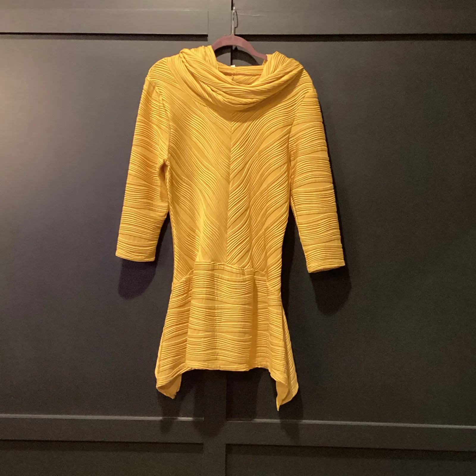 Vintage Lisa Rene cowl neck 3/4 sleeve yellow swirl pattern tunic mini dress L Size L - Image 2