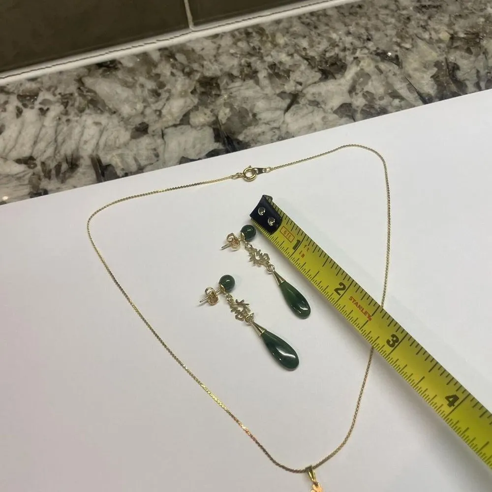 NWOT Necklace Pierced Dangle Earrings Costume Jewelry Set Gold Tone Faux Jade Green - Image 5