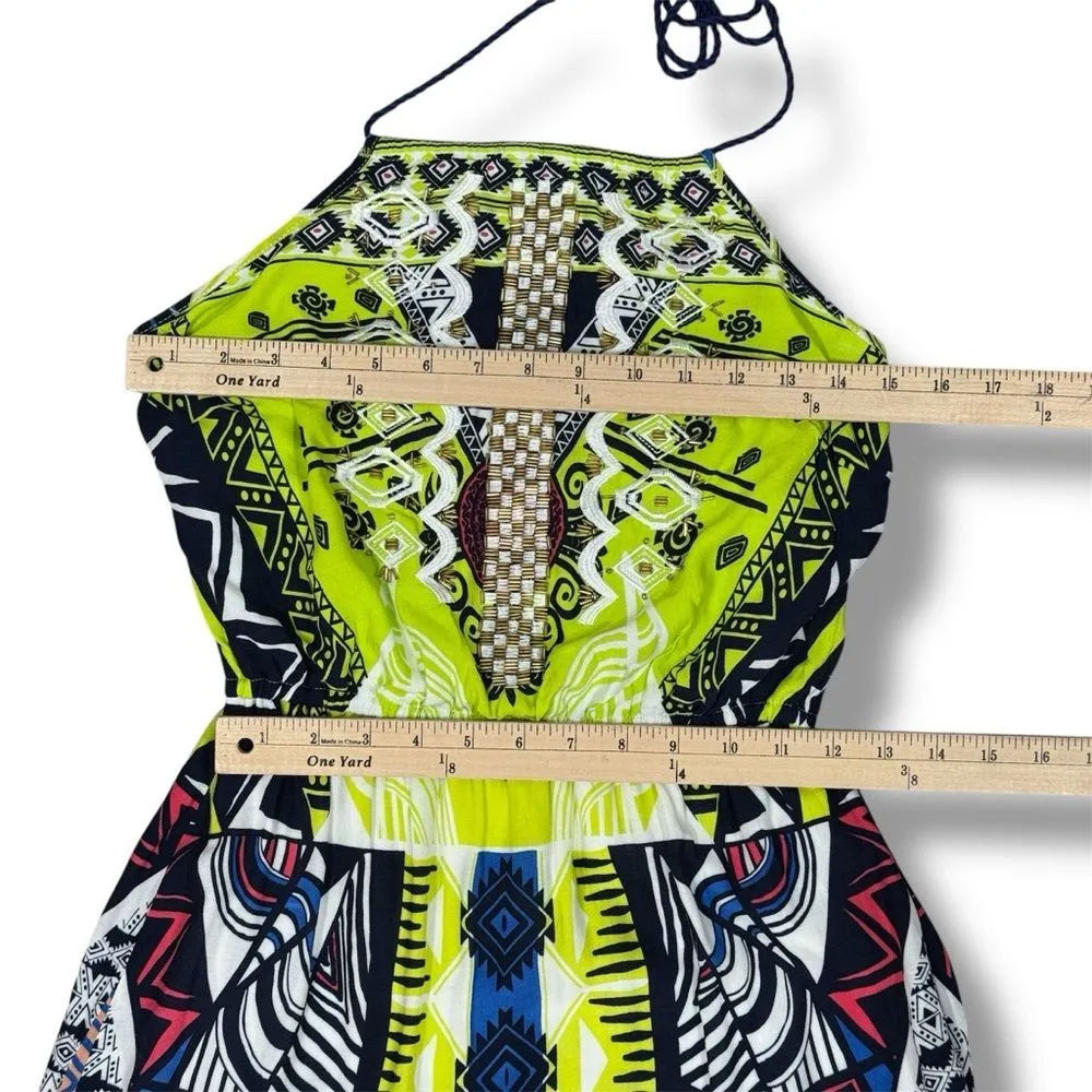 Alya Tribal Print Beaded Maxi Halter Dress Neon Yellow Multicolor Small‎ - Image 11