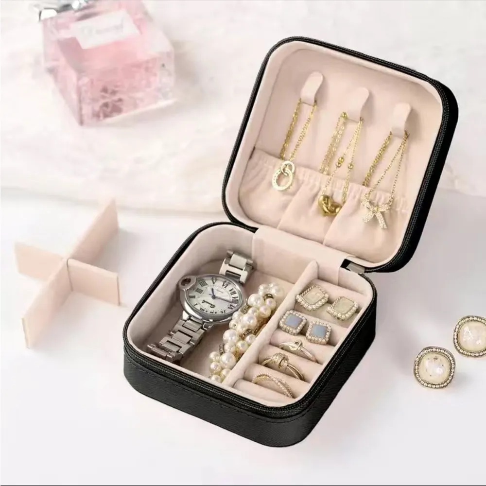 Mini Jewelry Box Portable Travel Jewelry Storage Box, PU Leather Small Organizer Black - Image 2