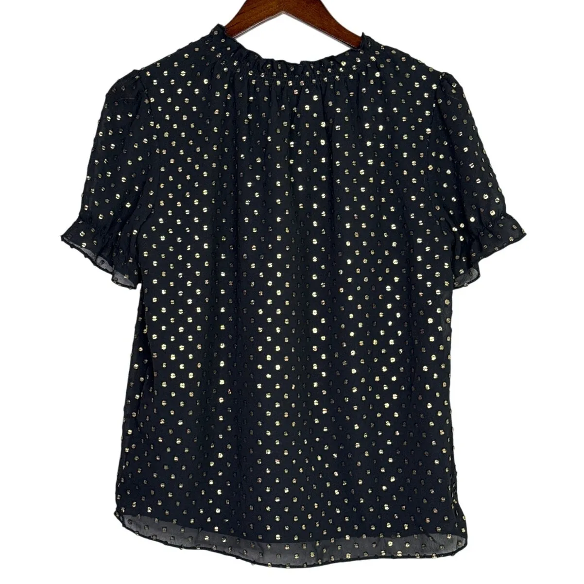 J. Crew Metallic Polka Dot Flowy Short Sleeve Baby Doll Blouse XS Black Gold - Image 11