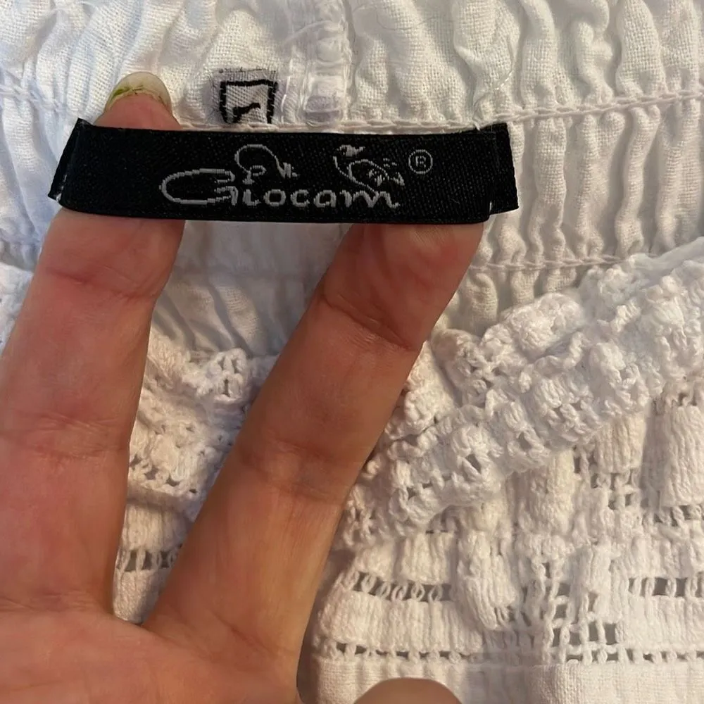 Giocam Womens Wide Leg Pants Elastic Lace Waist Embroidered Pocket White Large - Image 7