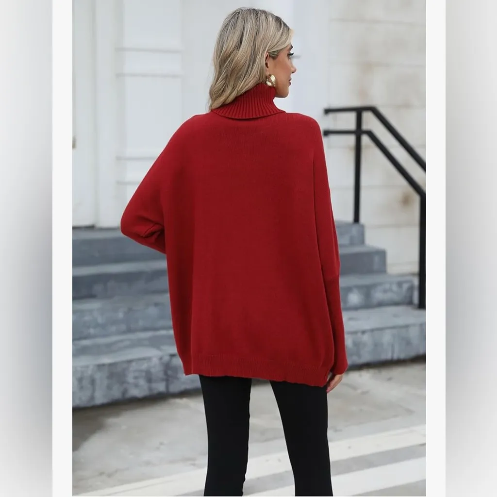 NEW Red Wine Thick Warm L Winter Batwing Sleeve Turtleneck Sweater Pockets S - Image 2