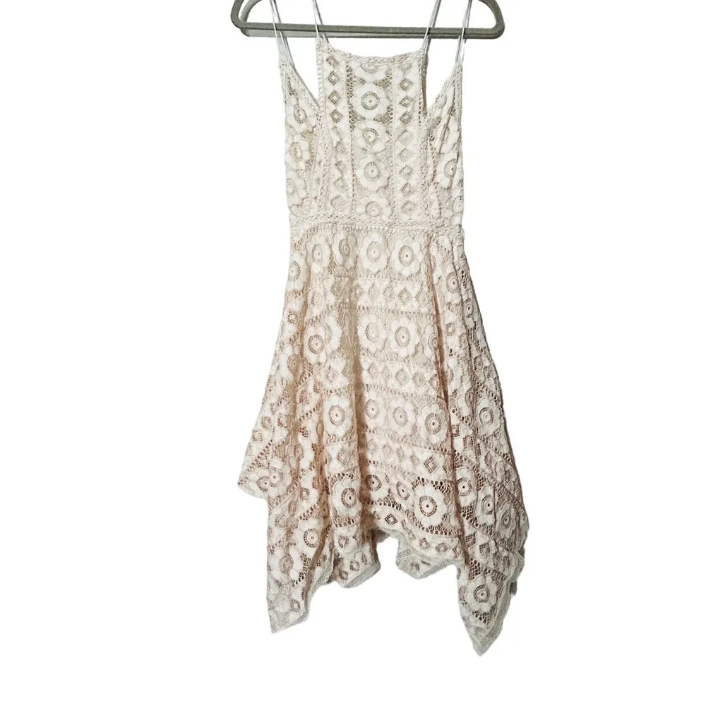 Free People Just Like Honey Beige Lace Asymmetric Mini Dress Size 8 Medium - Image 9