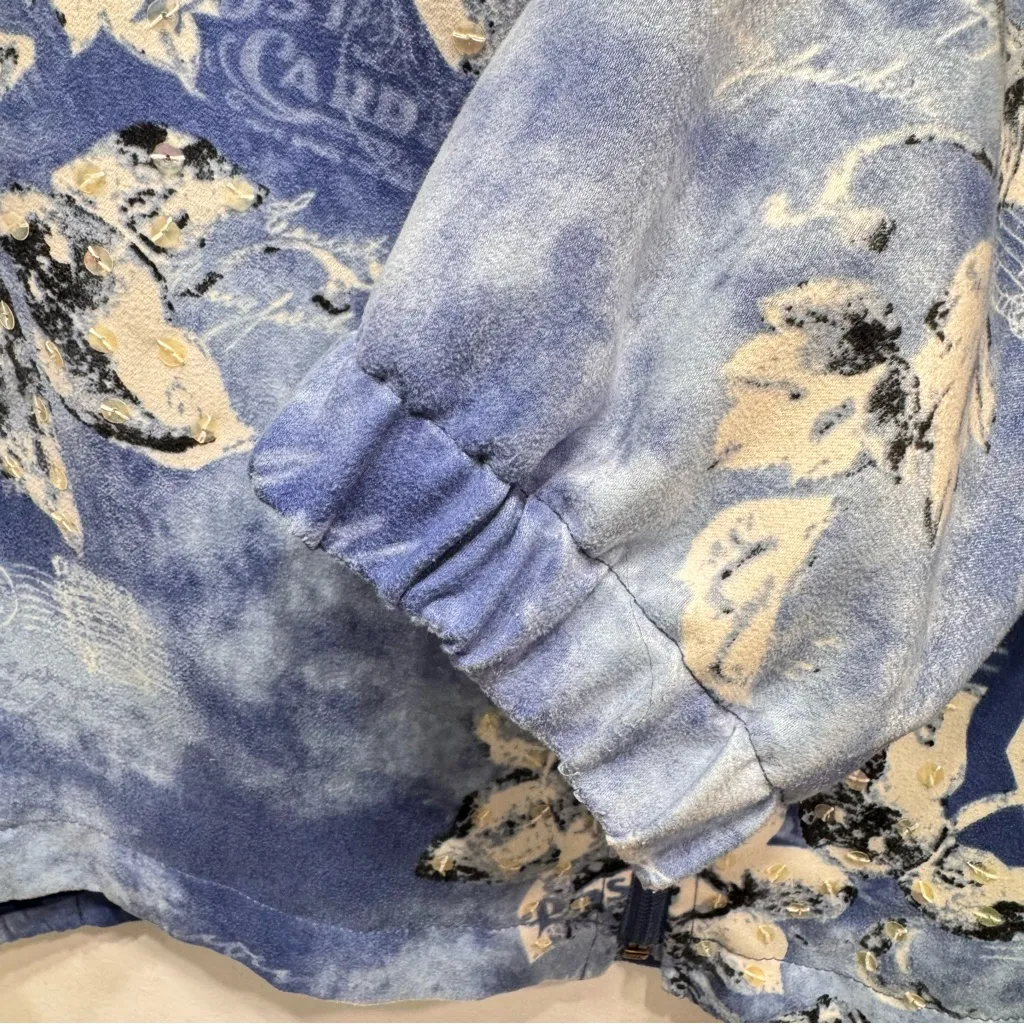 Blue Floral Postcard All Over Print Zip Front Jacket Sequins Allison Daley 20W - Image 4