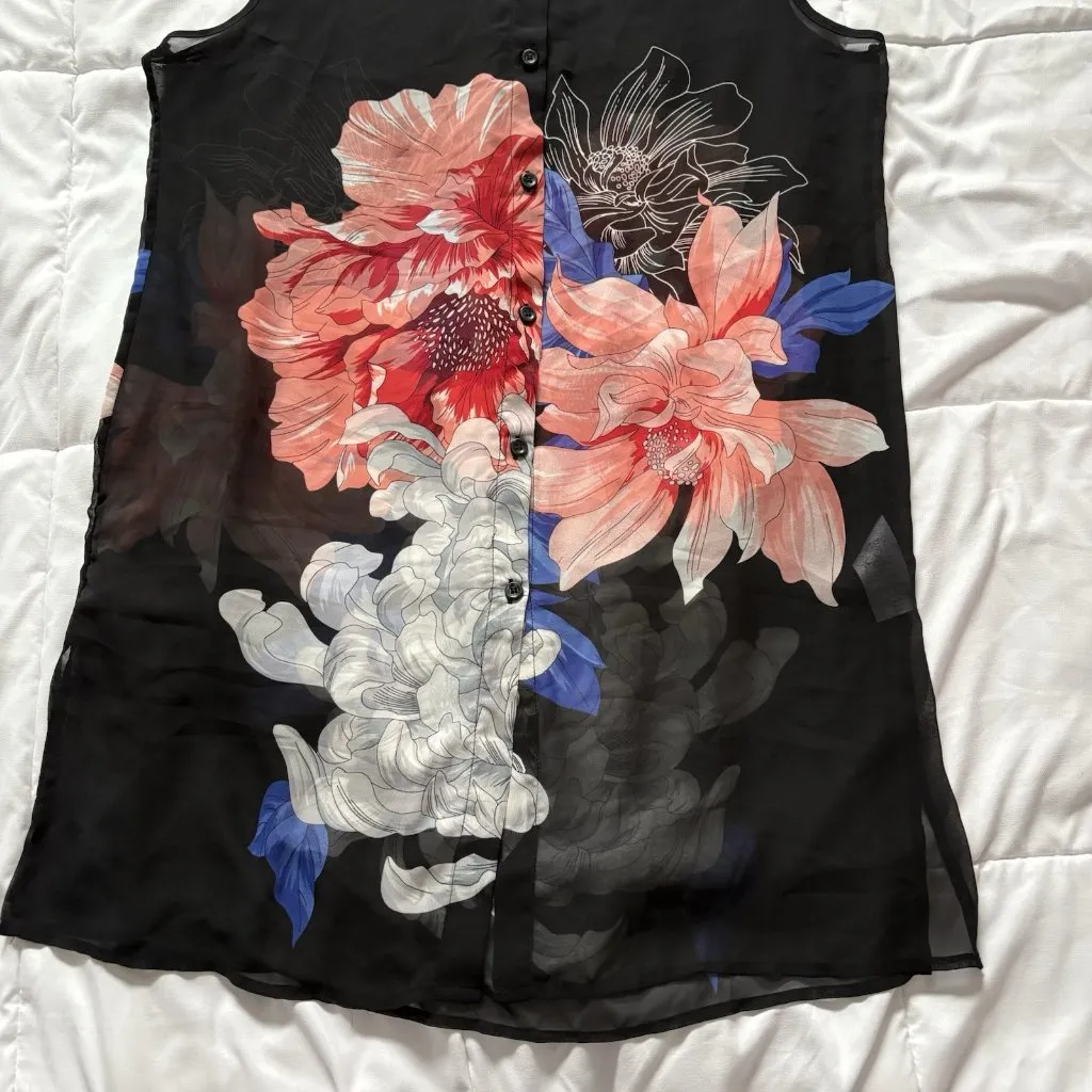 Womens Size 14 Black Floral Tropical Cover Up Dress Beach Summer Resortwear - Image 2