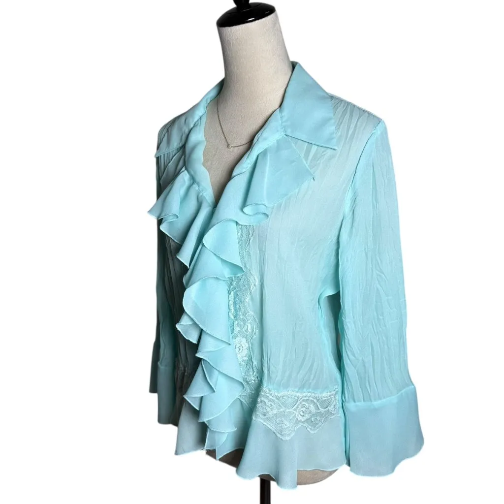 Dressbarn Aqua Chiffon Ruffle Lace Sheer Blouse M | Crinkle Y2K Top Office Chic - Image 4