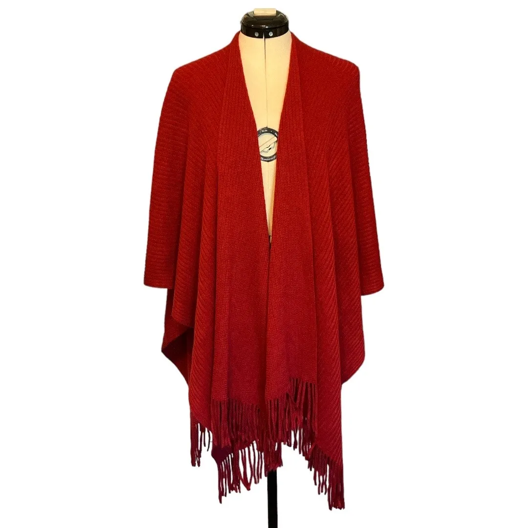 Brick Red Ribbed Open Front Cardigan Shawl Wrap with Fringe One Size Size L - Image 5