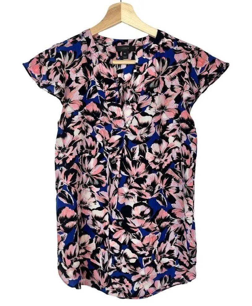 J. Crew Flutter Sleeve Hibiscus Floral Short Sleeve Blouse 00 - Image 3
