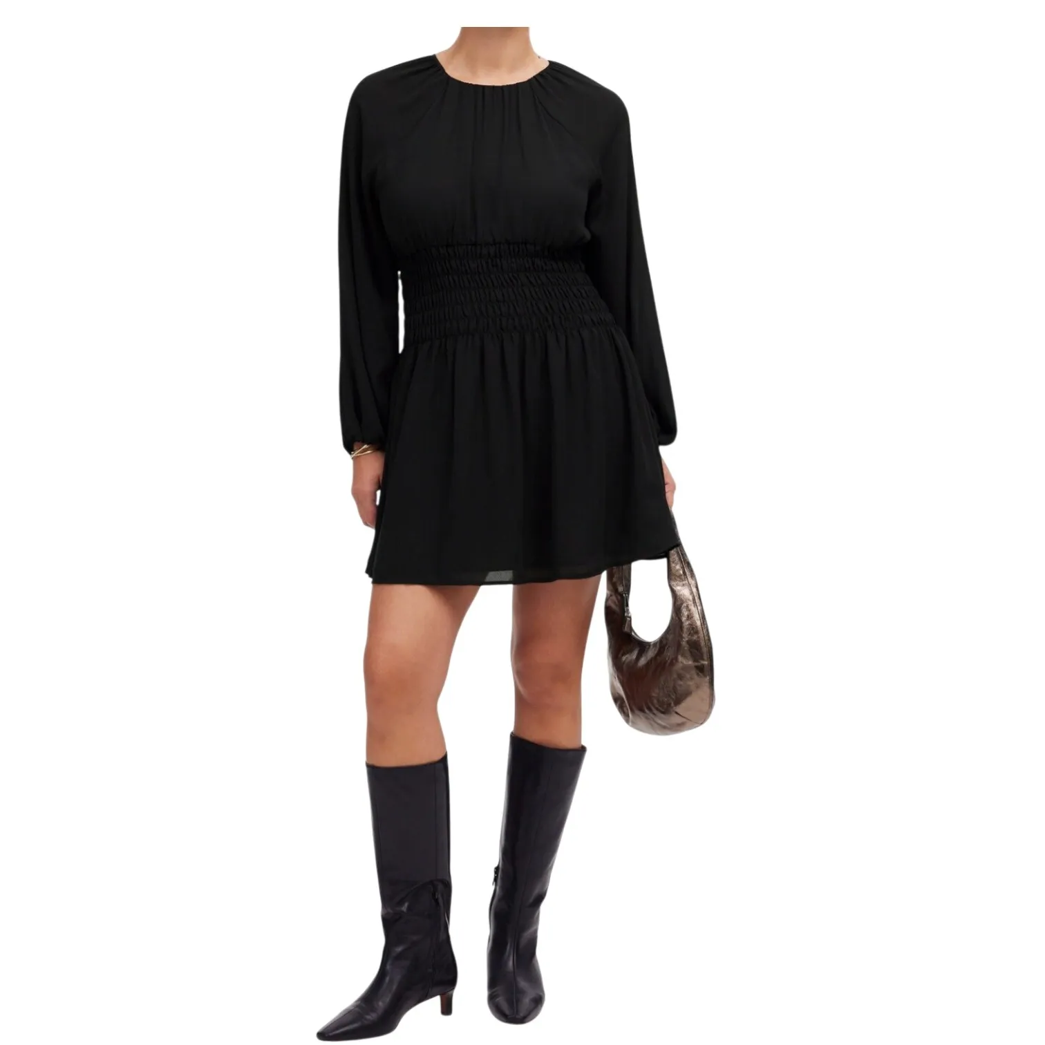 Madewell Black Bubble Sleeve Smocked Waist Long Sleeve Mini Dress Size L NWT - Image 2