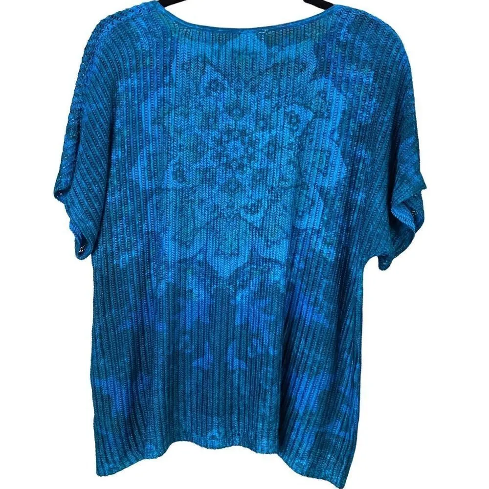 JM Collection Blue Flower Top With Sequins Size Large - Image 6
