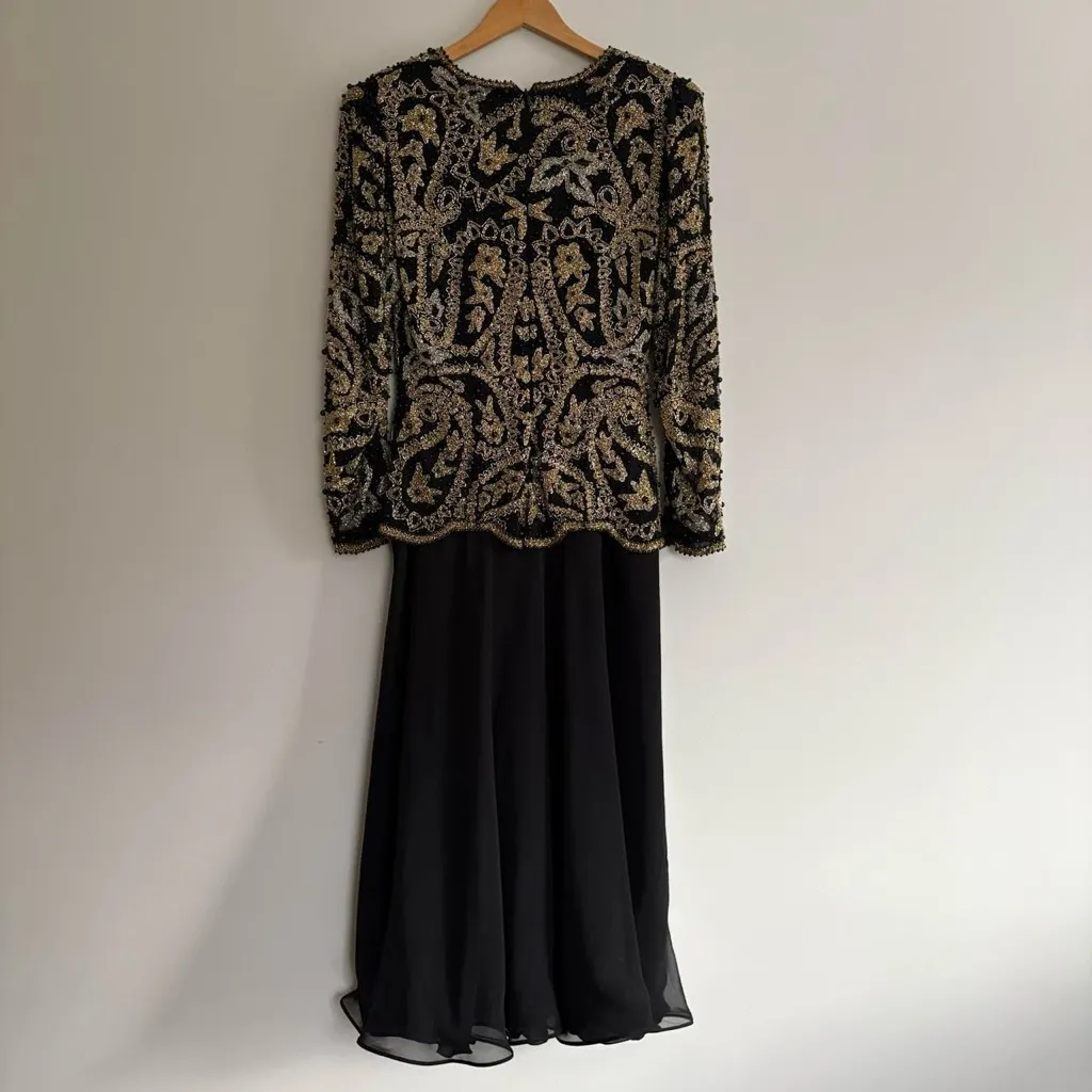 Vintage Black Tie Oleg Cassini gold black beaded long sleeve evening gown dress Size 10 - Image 4
