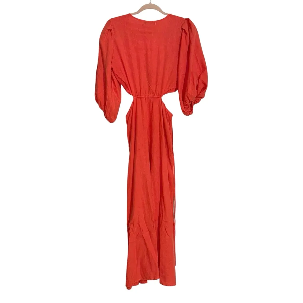 Young Fabulous & Broke High Tea Linen Blend Cut Out Puff Sleeve Midi Dress SMALL - Image 4