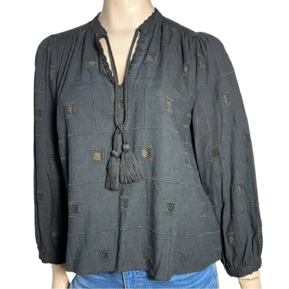 ba&sh Women’s Size 2 XS Black Linen Blend Ravel Openwork Tassel Top Shirt Blouse - Image 6