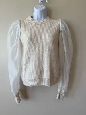 SEA New York Wool Sweater M Sheer Silk Organza Sleeve Pullover Ivory‎ Top Size M - Image 2
