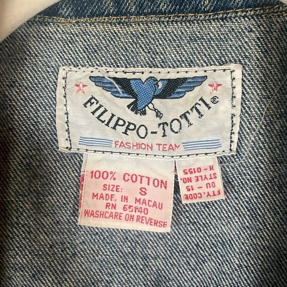 Filippo Totti Vintage Retro 80's Denim Long Hong Kong Y2K Small Jean Jacket Coat Blue - Image 5