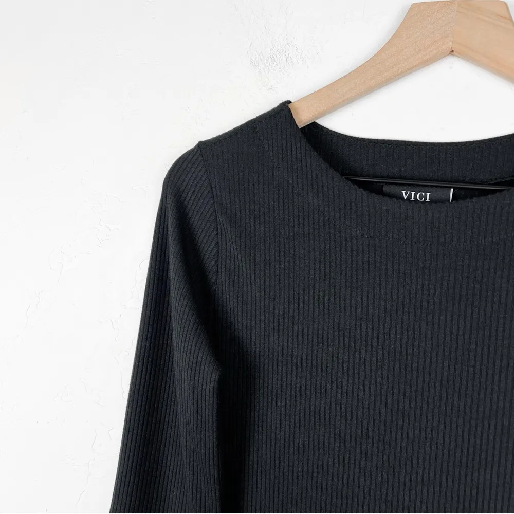 VICI Alexina Long Sleeve Ribbed Knit Slit Maxi Dress in Black Size Large - Image 8