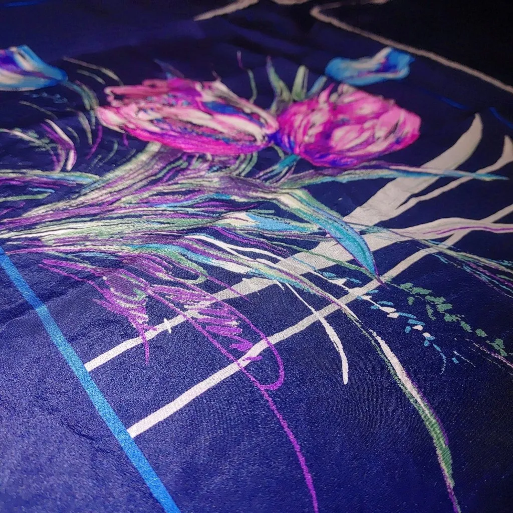 Moretti Italian Silk Scarf Floral Art Tulip Design Vintage Navy Blue Background Pink Size 33 - Image 4