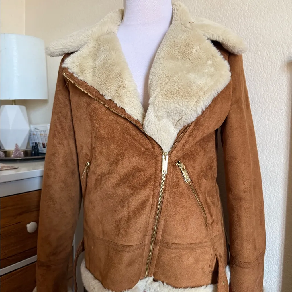 Women's Tan Shearling aviator jacket - Image 2