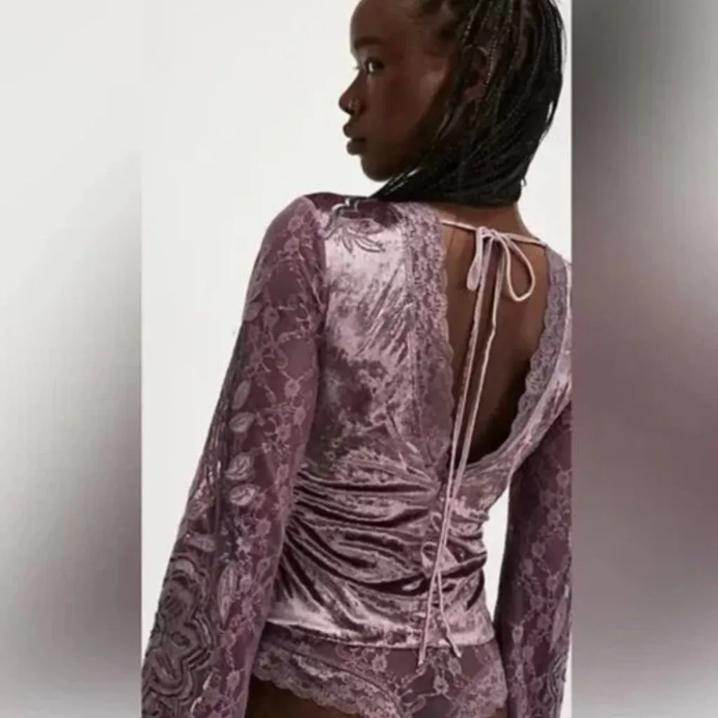 NWOT FREE PEOPLE MOVEMENT Night Owl Bodysuit Purple Velvet Trim Lace - Image 4