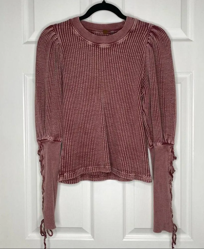 FREE PEOPLE Waffle Thermal Crew Medieval Lace Up Sleeves Pleated Shoulder XS - Image 8