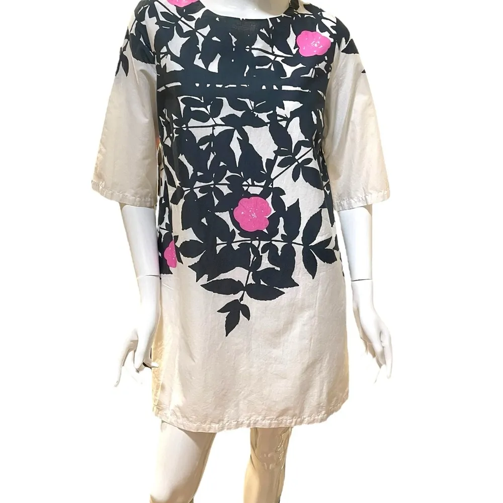 Marimeko Black and White Pink Floral Three Quarter Sleeve Midi Dress Size 38 L - Image 9