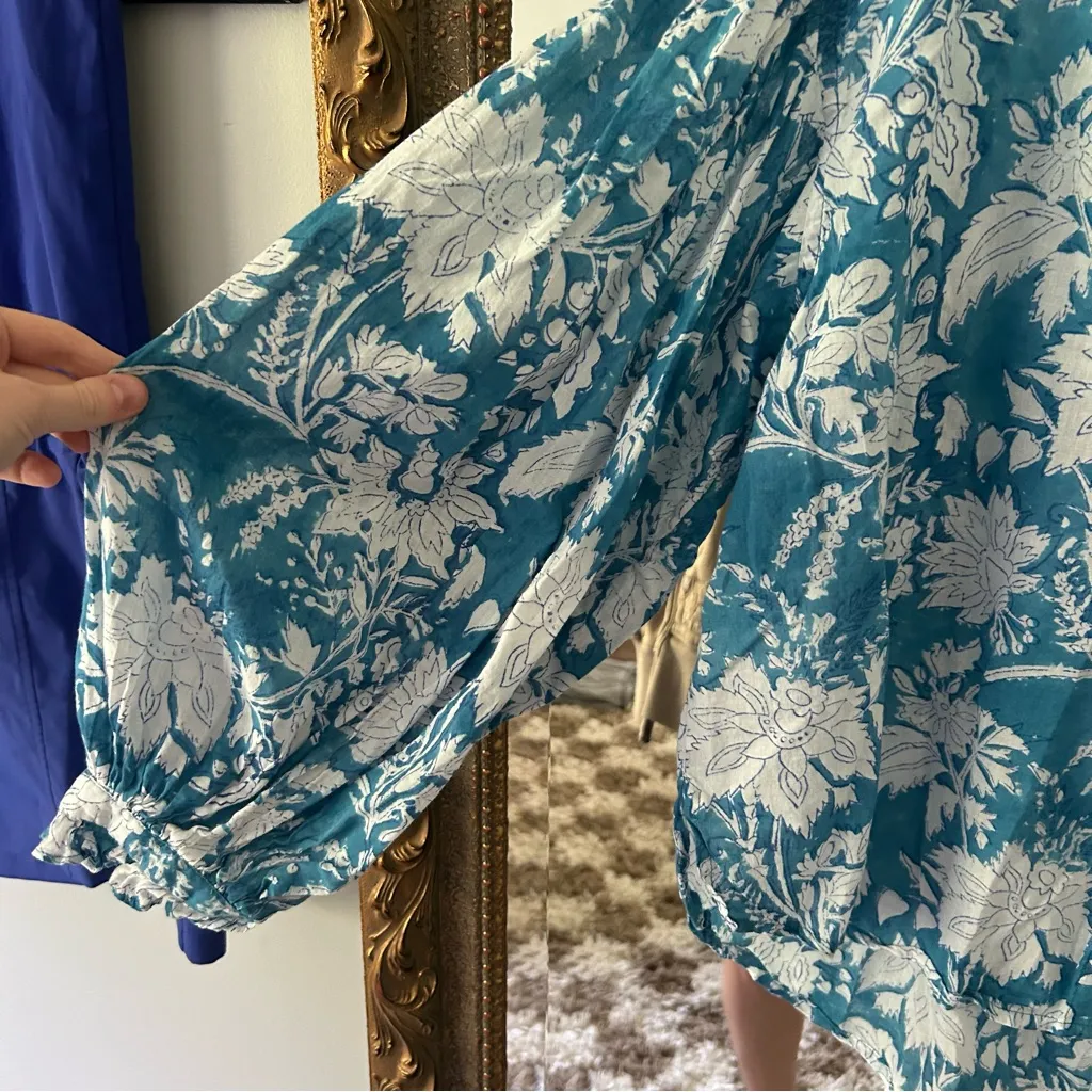 Alix of Bohemia Poet blouse turquoise floral block print ruffle collar Blue Size undefined - Image 5