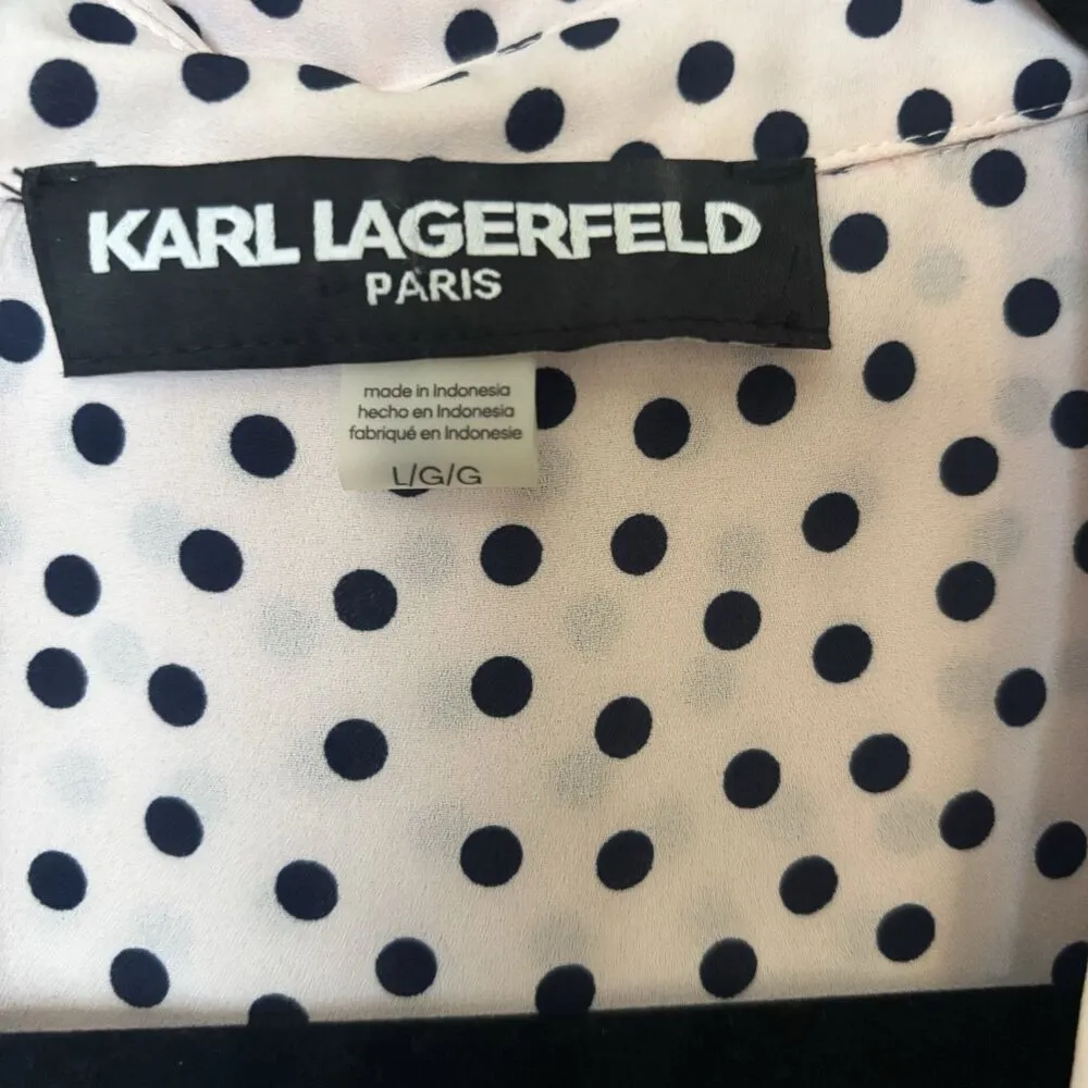 Karl Lagerfeld Top Womens Large Pink Black Polka Dot Sleeveless Collared Blouse - Image 5