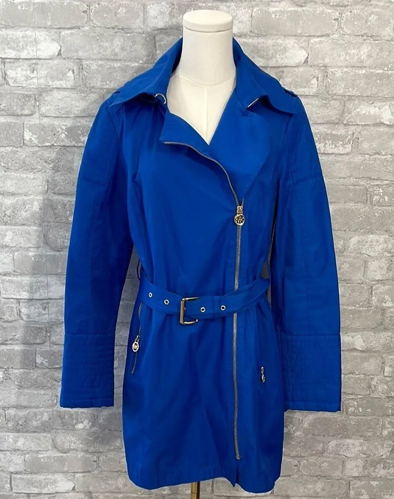 Michael Kors Blue Trench Coat with Asymmetrical Zipper and Belt - Image 2