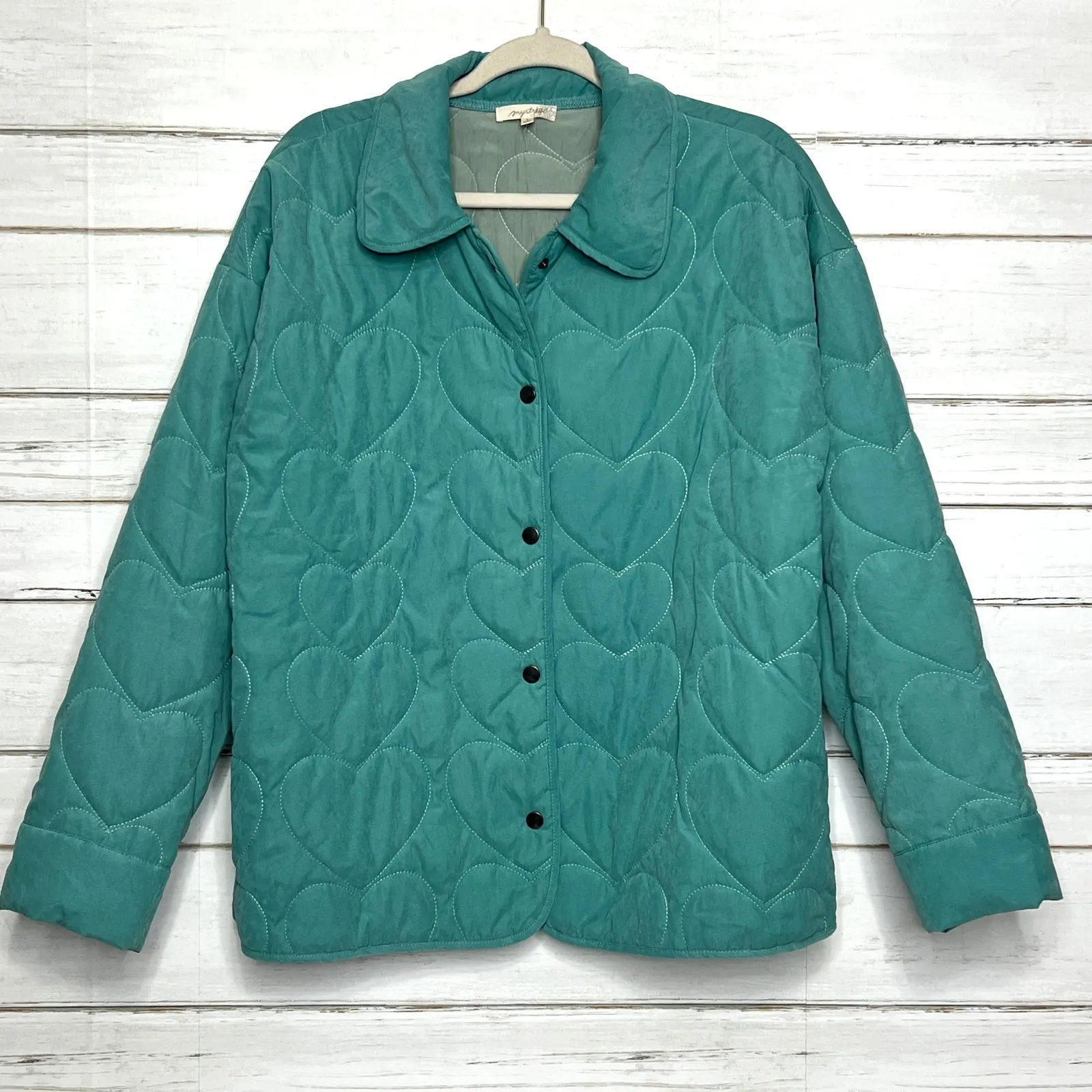 Mystree Jade Green Quilted Heart Jacket Shacket Snap Front Size Large - Image 2