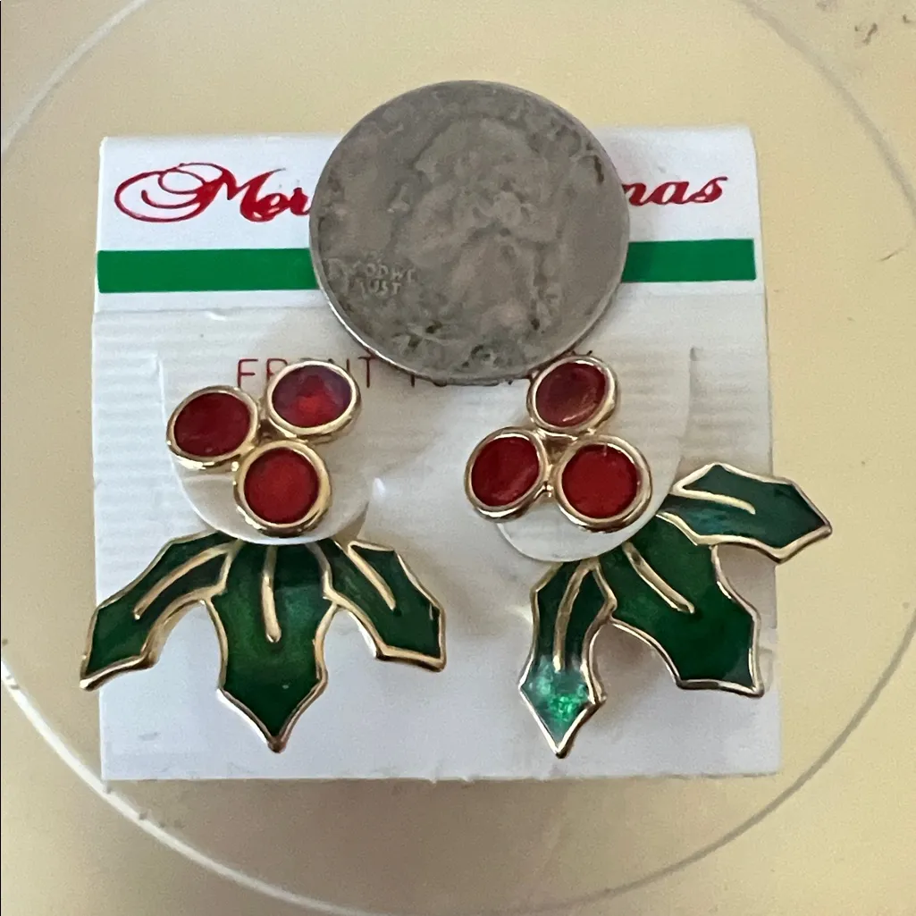 Festive Holly Berry Jolly Sparkle Gold Enamel Pierced Earrings for Christmas - Image 5