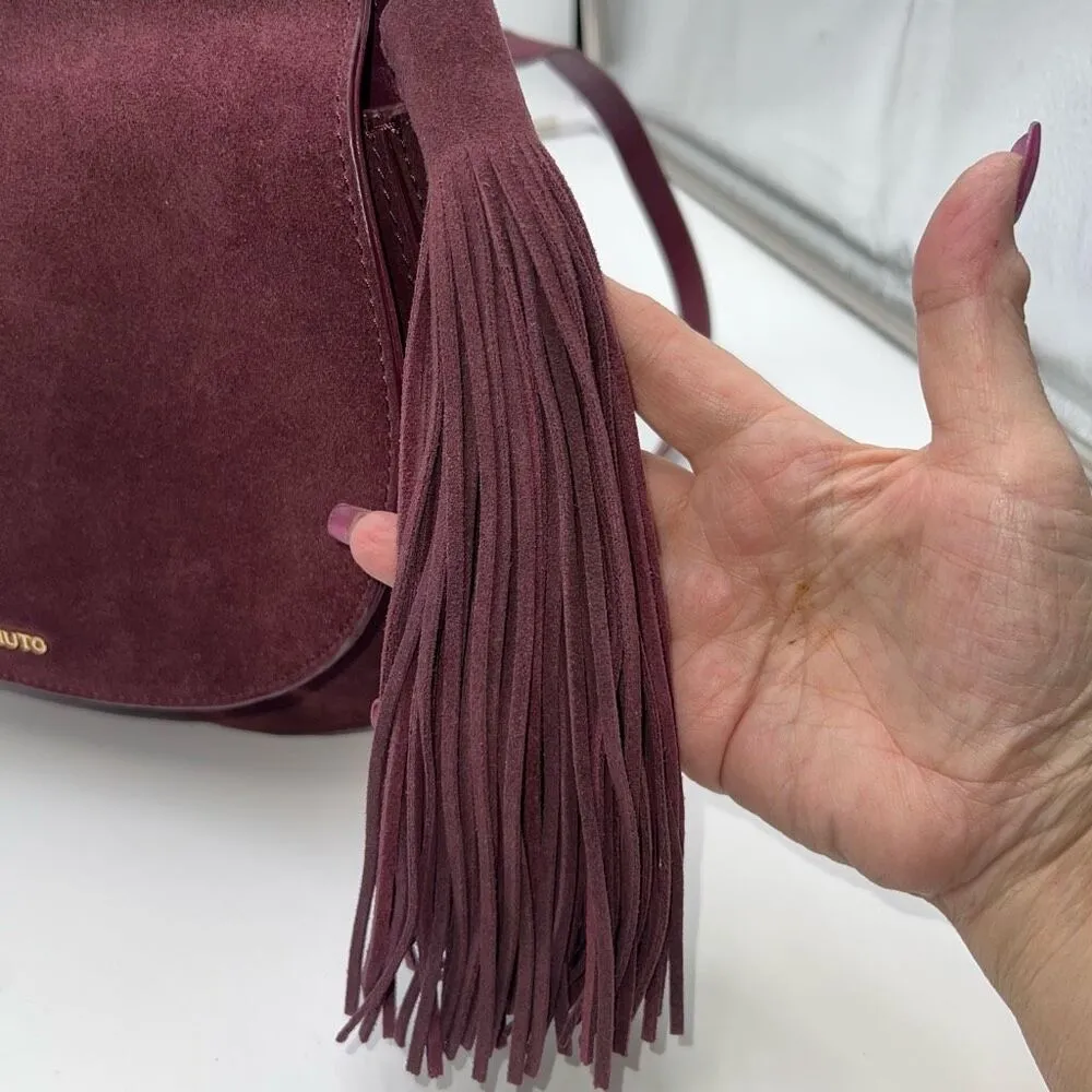 Vince Camuto Deep Eggplant Purple Suede & Leather Saddle Bag, Fringe Tassel - Image 4