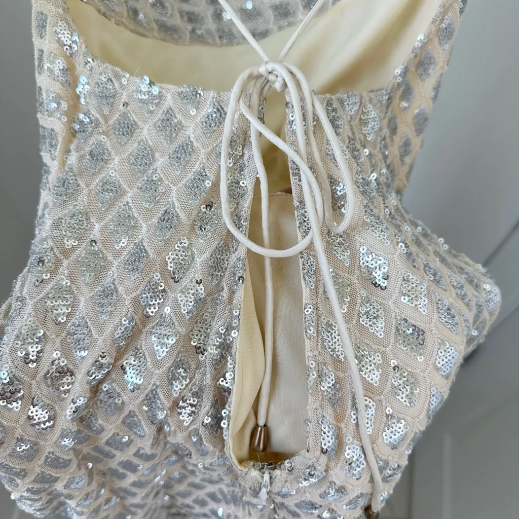 Saints & Secrets Asymmetrical Cowl Neckline Tie-Up Back Sequin Mini Dress Silver - Image 7