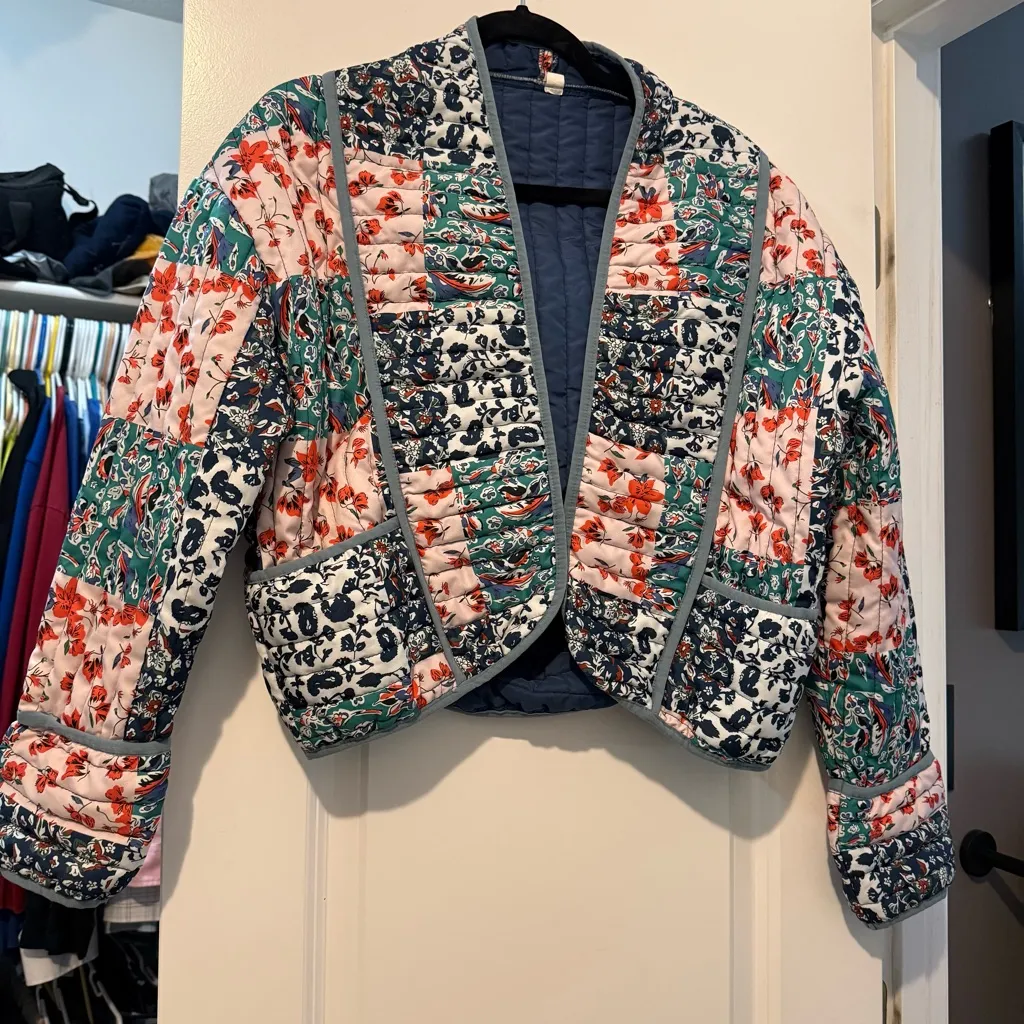 Quilted Floral Boho Cropped Jacket XL Blue - Image 3
