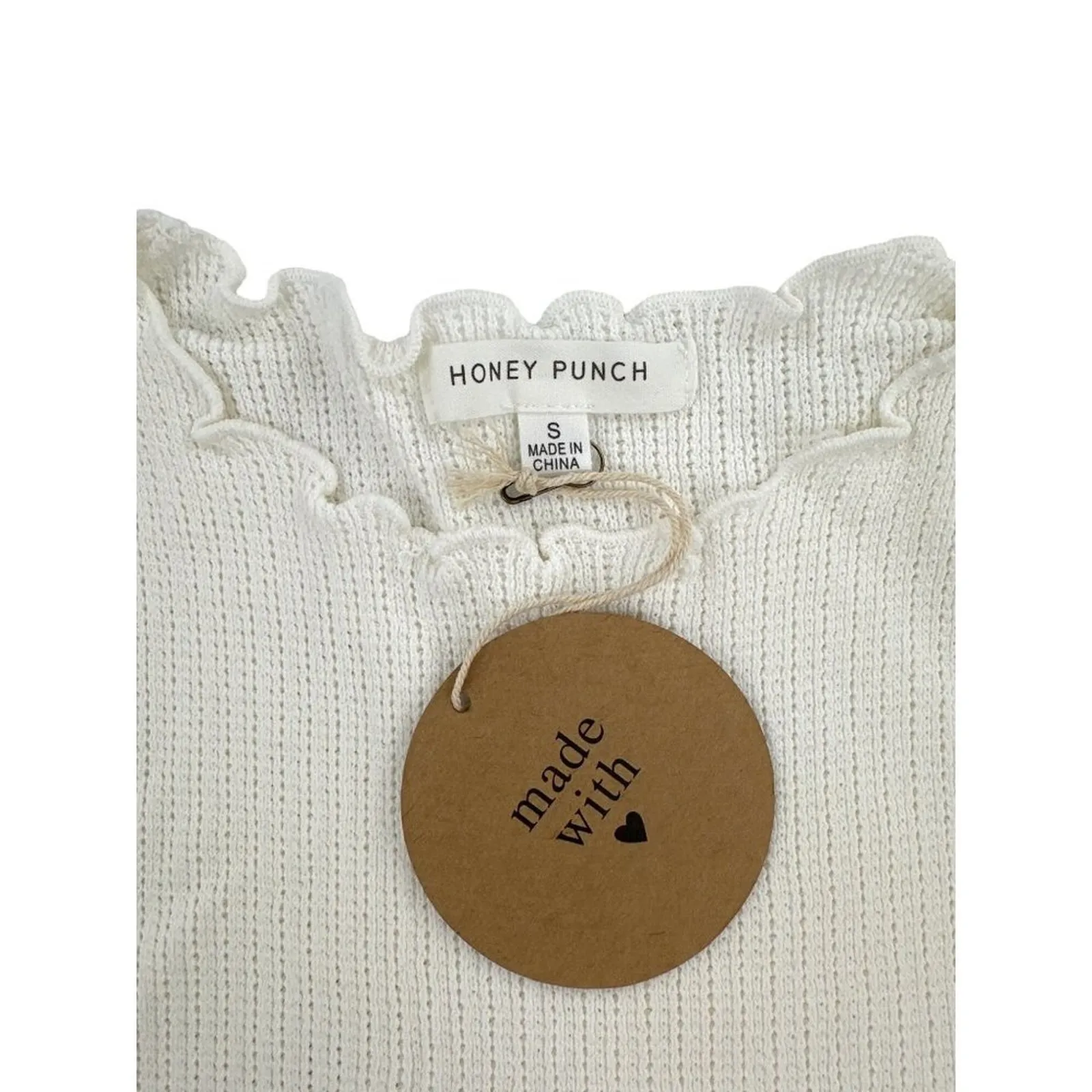 Honey Punch - Ribbed Pointelle Knit Short Sleeve Top in Ivory - Image 2