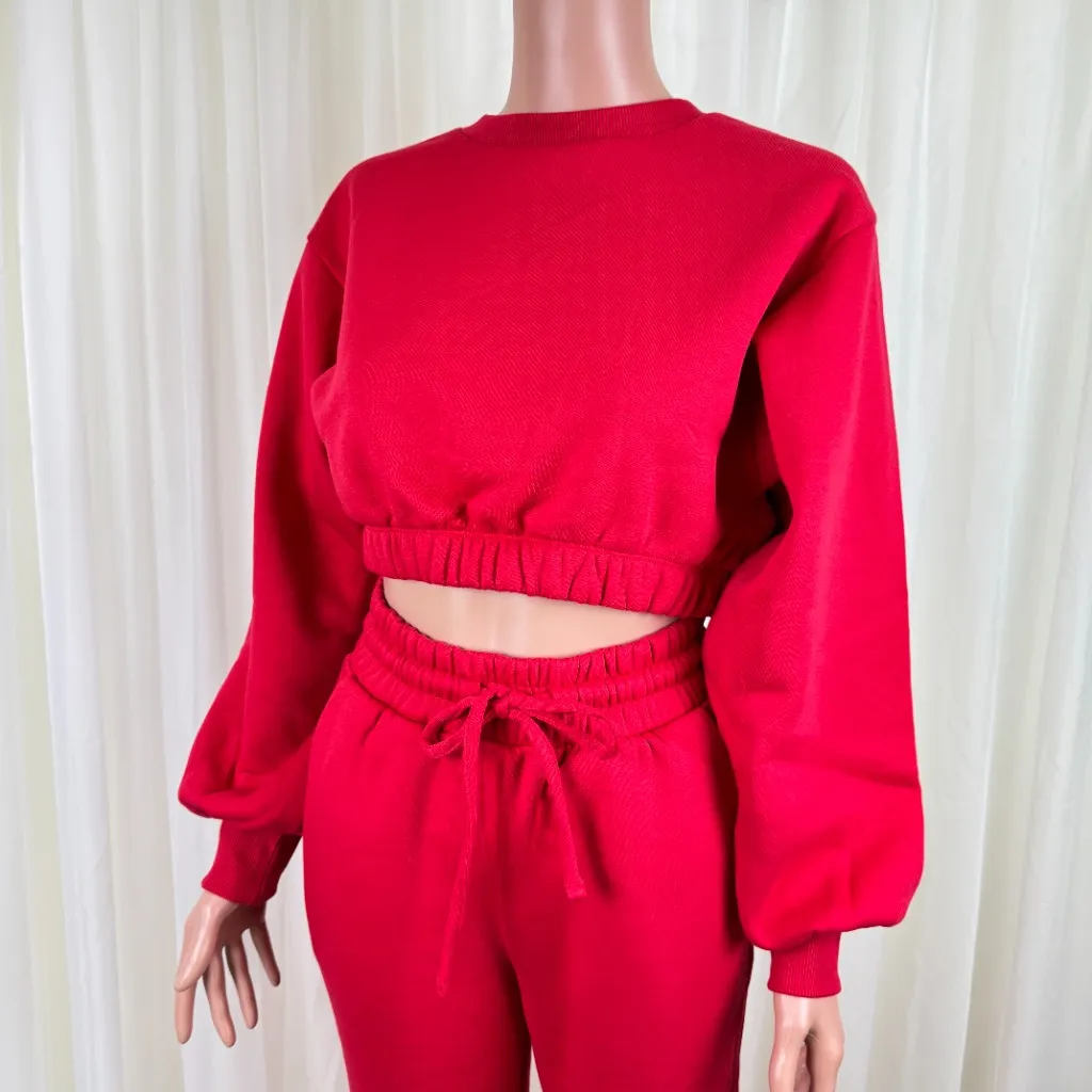 Zenana 2 Pcs Crop Sweatshirt Tracksuit Jogger Pants Set Outfit Active Loungewear Red Size Small - Image 6