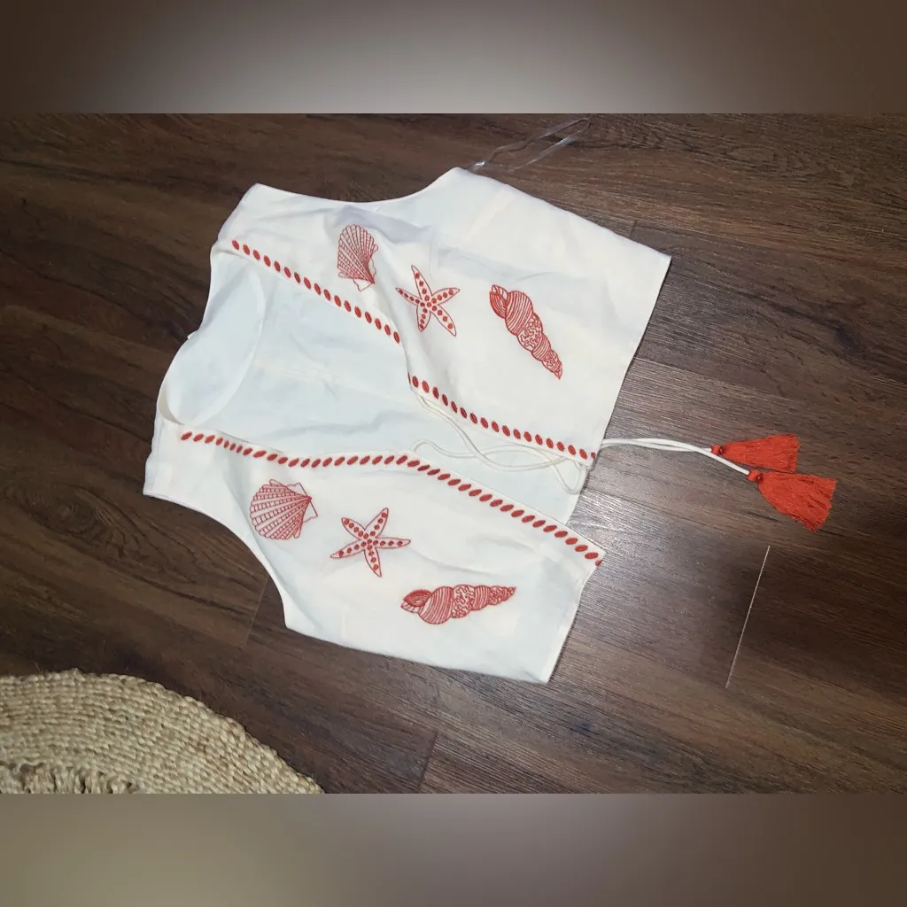 Versona seashell embroidered tassel vest linen XXL CREAM RED fall casual boho - Image 5