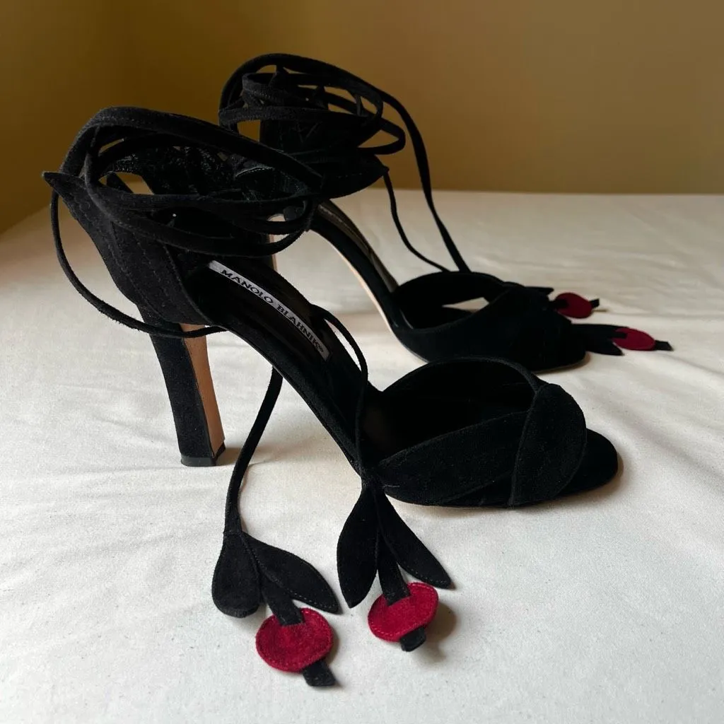 Manolo Blahnik Cherry Lace-Up Sandals 38.5 Black‎ Suede Ivy Shoe 2003 Remake - Image 9