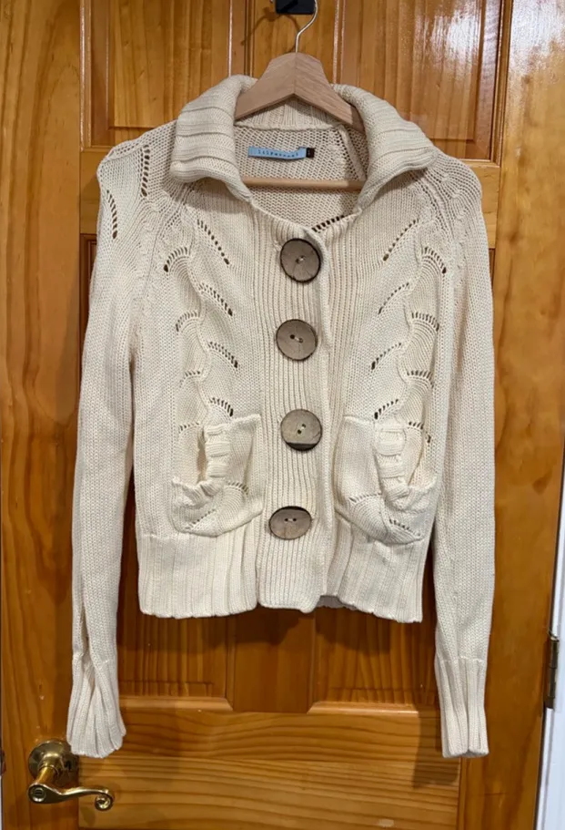 Lily McNeal Cream Chunky Knit Button Sweater Jacket L 100% Cotton Cozy Preppy Size L - Image 1