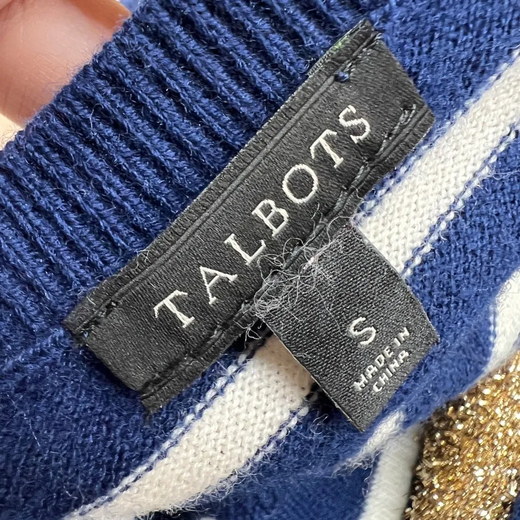 Talbots Nautical Gold Whale Navy White Striped Sweater Size Small - Image 8
